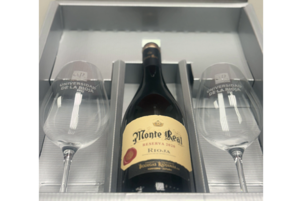 Caja de Vino con 1 Botella Reserva DOC Rioja y 2 Copas